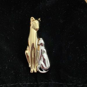 Vintage Liz Claiborne Cat Brooch Pin Two Tone Silver Gold Mother Baby Kitten